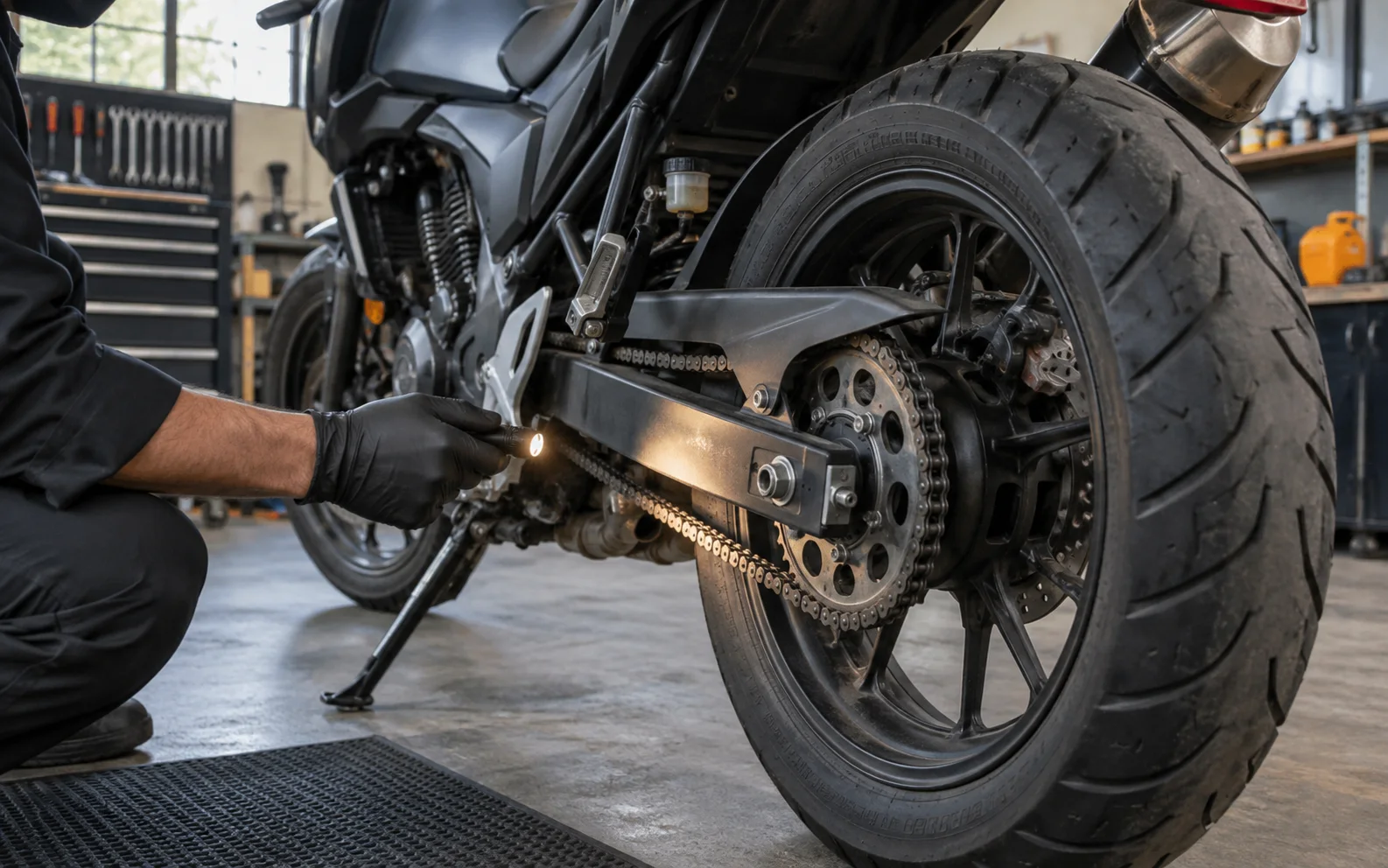 Técnico iluminando la cadena, la corona, el basculante y el freno trasero de una motocicleta