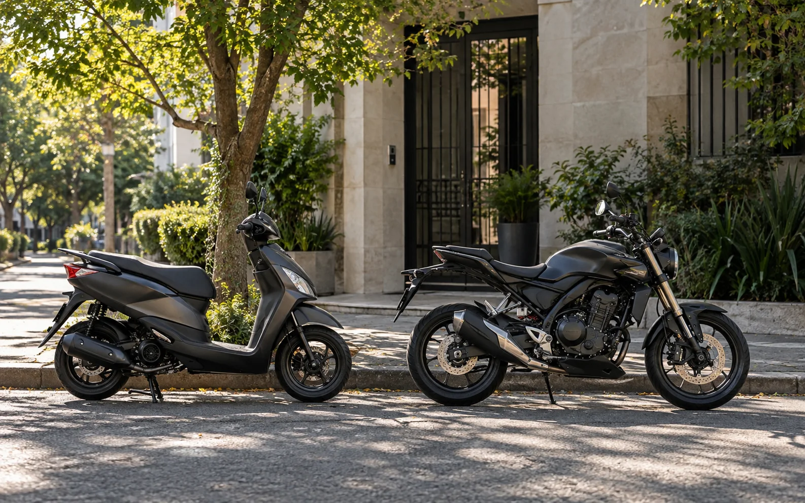 Scooter y motocicleta naked estacionados lado a lado en una calle urbana